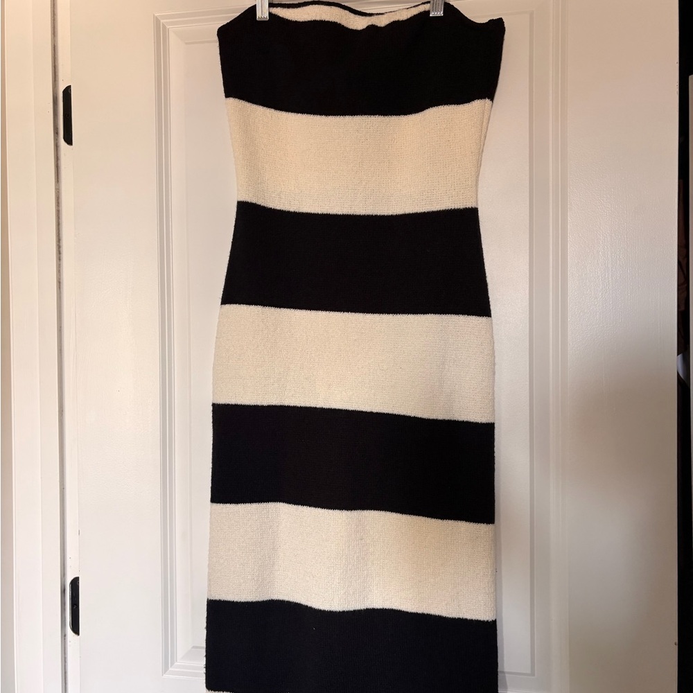 H&M Black and Cream Strapless Wide-Stripe Knit Dress
